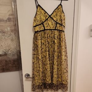 Aqua Yellow Floral Midi Dress with Black Trim